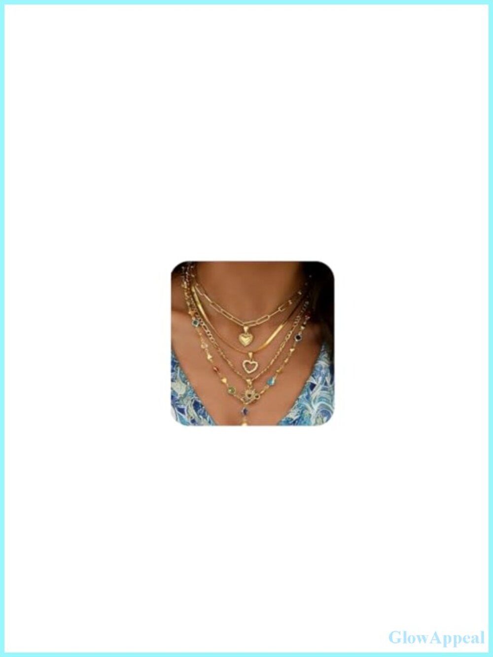 Gold Layered Necklace Set with Heart Pendant and Crystal Stones